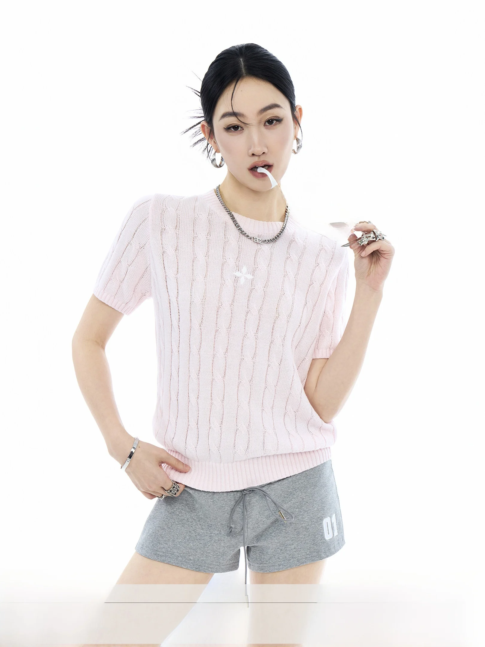 

Ich Mode Women's Short Sleeve Knitted Top Summer Thin Breathable Skin-friendly Slim Fit Printed T-shirt Casual Style round Neck