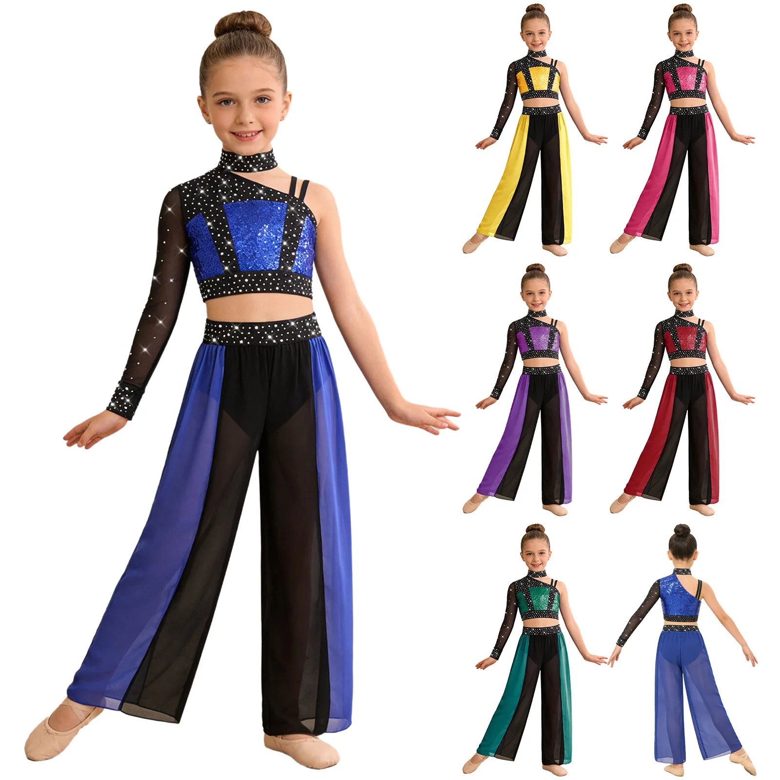 Kids Girls Lyrical Dance Outfit Asymmetrical Mesh Long Sleeve Shiny Rhinestones Sequins Crop Top with Split Flowy Chiffon Pants image 5