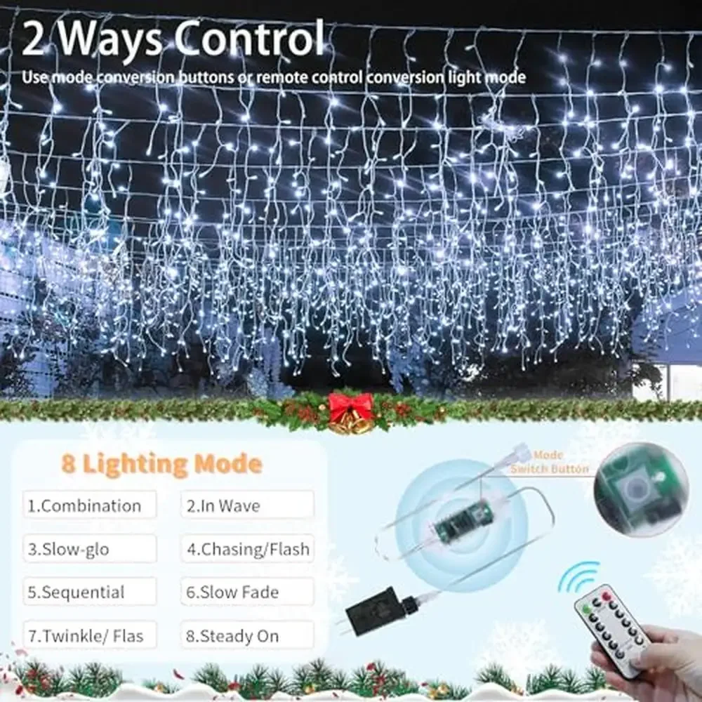 600 LED Icicle Lights Outdoor 75.5 FT with 120 Drops 8 Modes Remote Control Waterproof Plug in String Lights Christmas Holiday