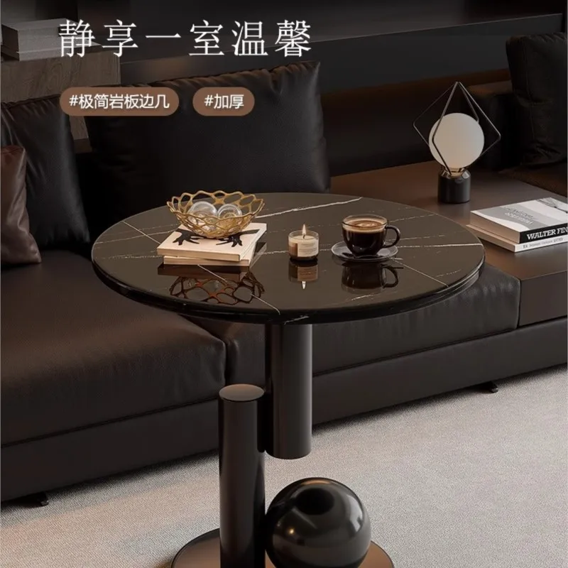厚いスチールフレーム、岩板デスクトップ、リビングルーム、コーヒーテーブル、安定性と耐久性に優れた多機能小型丸テーブル