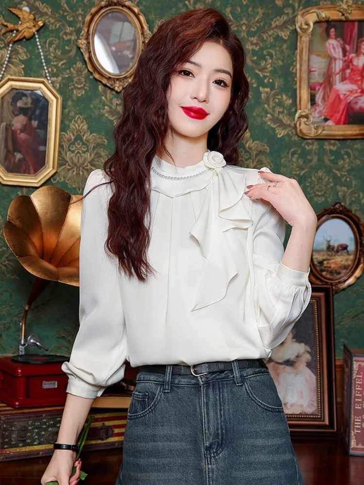 2024 Spring Elegant Red Satin Women Beading Ruffles Blouse Long Sleeve Fashion Korean Office Ladies Work Shirt Basic Female Tops