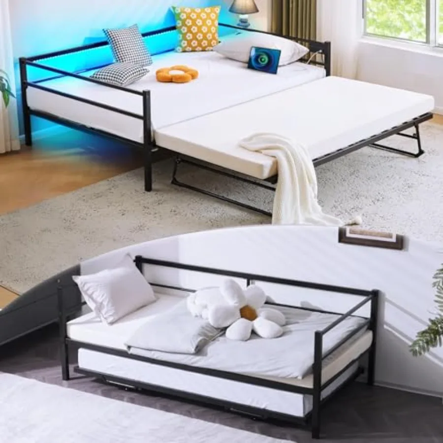 Metal Daybed with Pop-Up Trundle Bed, Sofa-Style Day Bed Frame Featuring Built-in Charging Station Warm LED Lights, Heavy-Duty