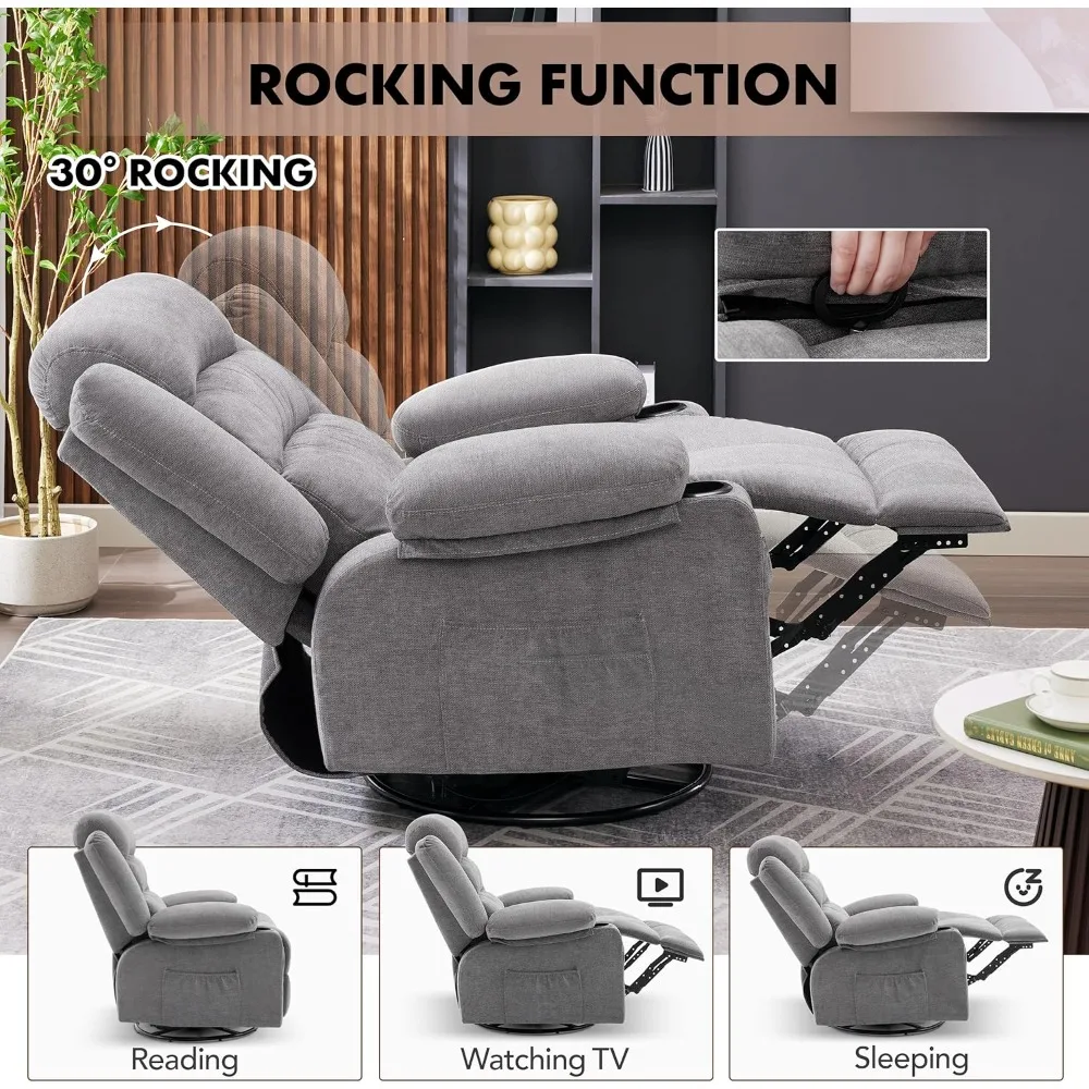 Rocker Recliner Chair with Heat and Massage, 360° Swivel Recliner Chairs for Adults, Oversized Recliner Single Sofa Seat with Cu image 3