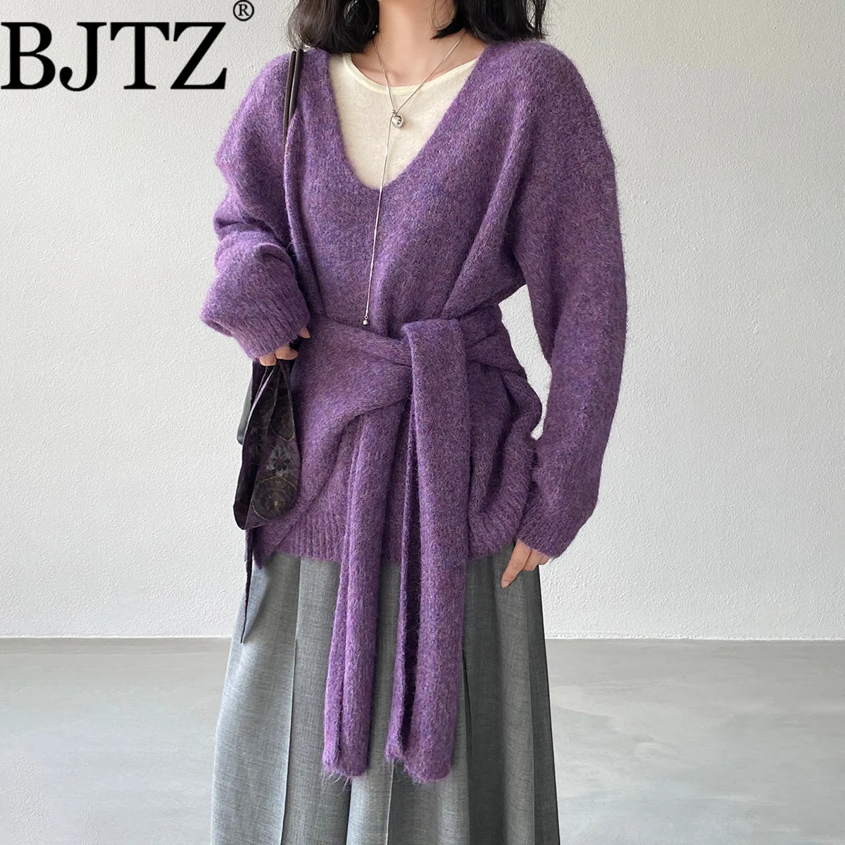 

BJTZ Solid Color Gentle Soft Knitted Sweater + Shawl For Women 2025 Autumn Winter Loose Elegant Versatile Sweater