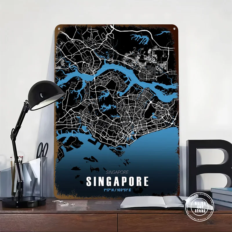 Singapore City Map - Black and White Personalized 3D Textured Metal Poster Wall Art Tinplate Sign for Room Decorations Man House