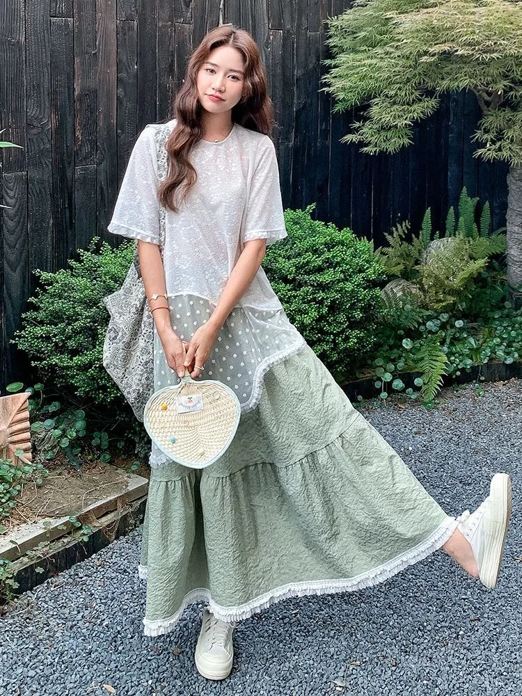 Verão renda assimétrica design feminino conjunto de duas peças vaion sle doce coreano saia linha a ort sve redondo ne topo