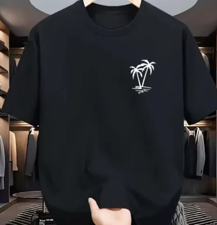 

T-shirt Manches Courtes Col Rond Homme, 100% Coton, À La Mode, Décontracté, Ample, Motif De Cocotier Imprimé, Sport, Été