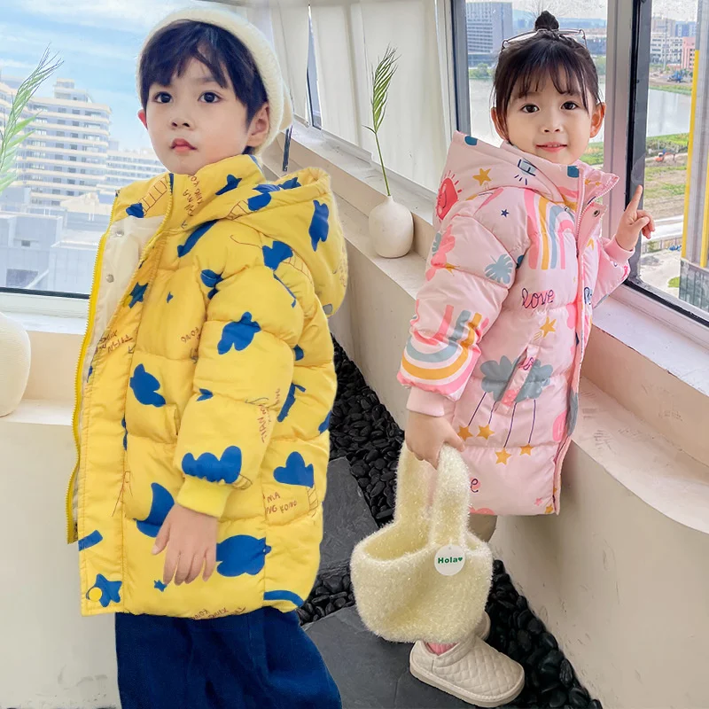 Boys Girls Winter Coats 2022 New Down Jackets Children Thick Long Parkas Warm Outerwear Kids Clothing Cartoon Print Baby Jackets