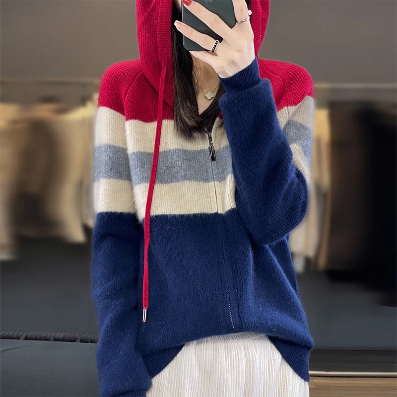 Hoodie Collar Sweatshirt 100% Merino Wool Clothing Autumn Winter Warm Cardigan Fashion Korean Knitted Contrast Sweater Tops