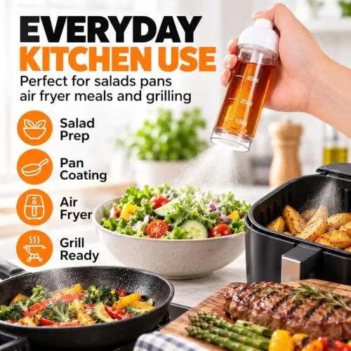 Down‑Spray Oil Sprayer Bottle, Quantitative Mist Oil Dispenser Non‑Drip Press Oil Pot for Air Fryer Kitchen Baking BBQ Cooking