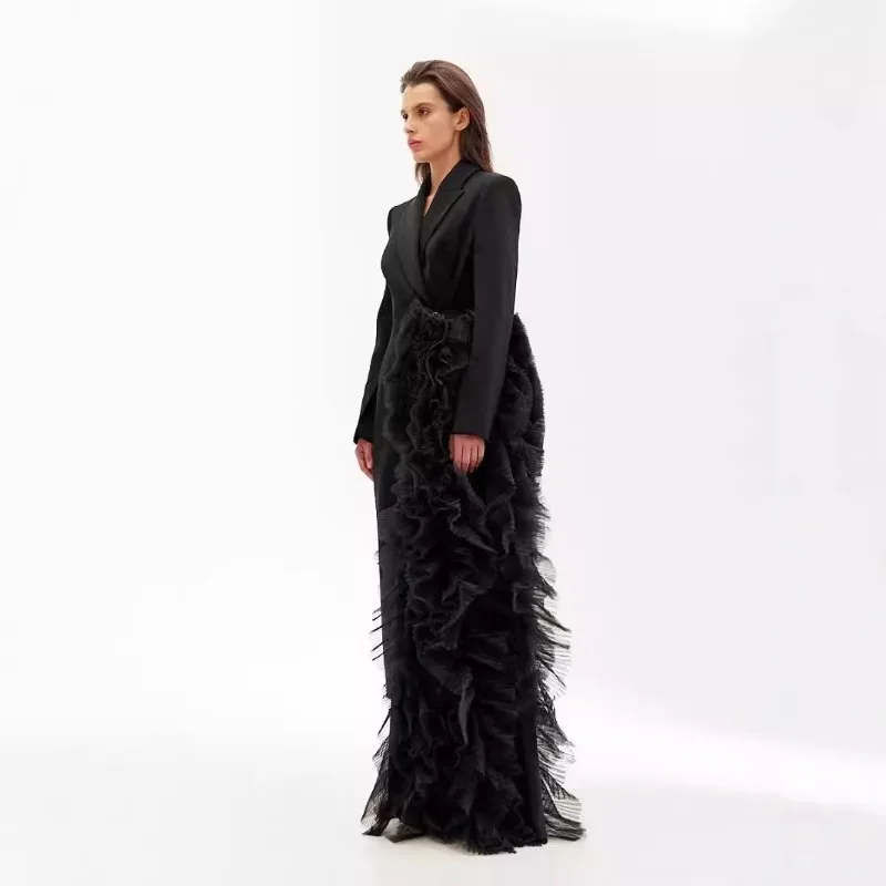 

Women Spring & Autumn Outerwear Tops Suits Dresses Splicing Mesh Gowns Asymmetric Loose Long Sleeve Niche Vintage New Designed