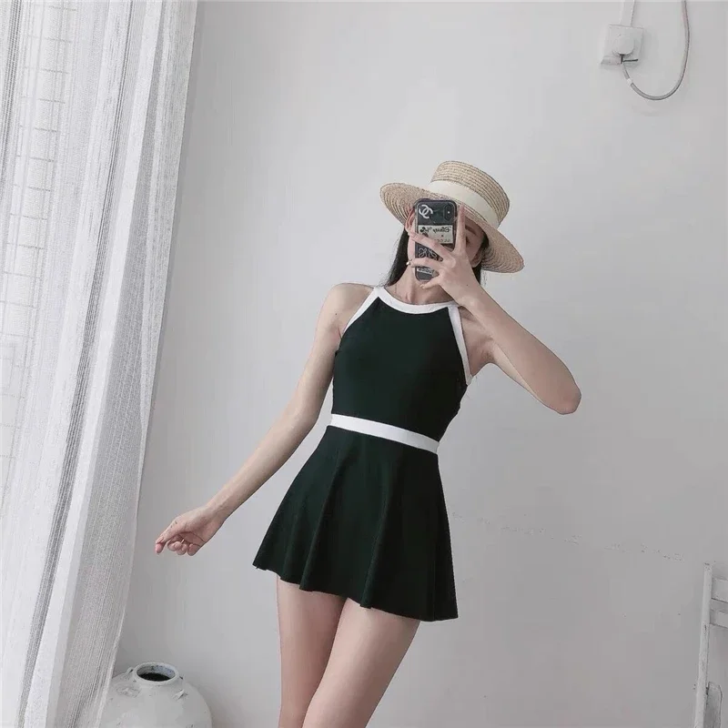 Swimsuit 2023 New Halter Backless Solid Black White Edge A-line Skirt One-piece Swimsuit Beach Wear Maio Plus Size Maio Feminino