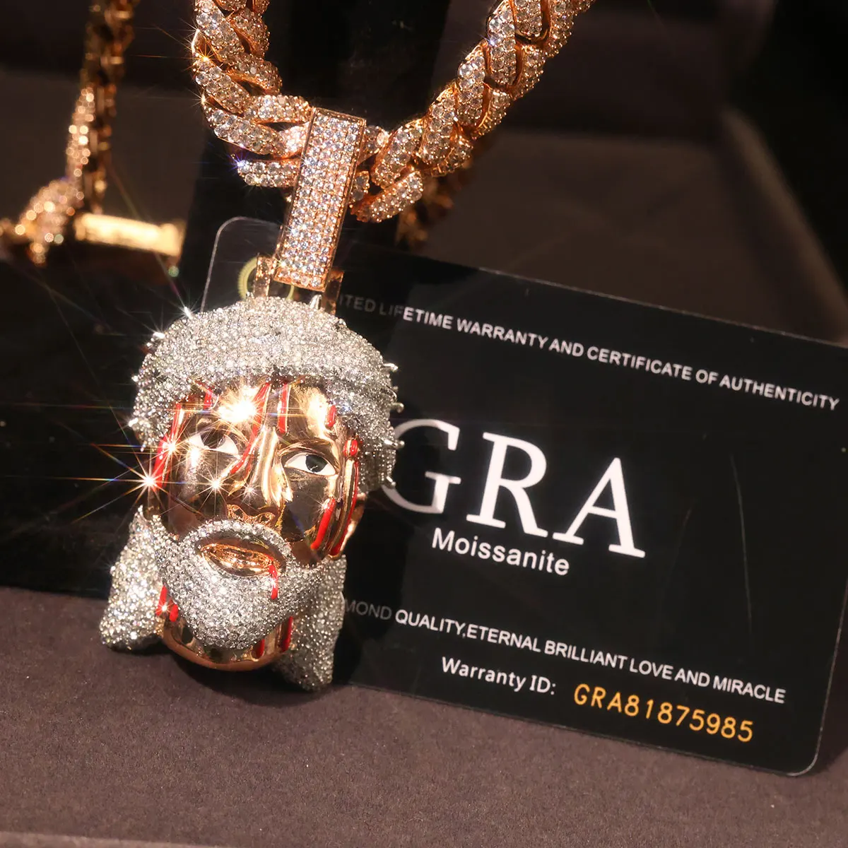 

Bling Iced Out CZ Jesus Head Pendant Red Enamel Religious Hip Hop Jewelry Cuba Chain Necklace Accessory Anniversary Rapper Gifts