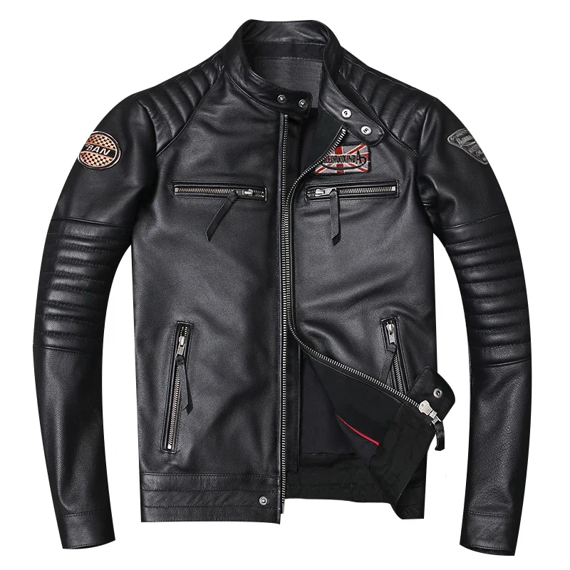 Chaqueta de motocicleta de cuero genuino para hombre, chaquetas de motorista, abrigo delgado de cuero de vaca, Primavera