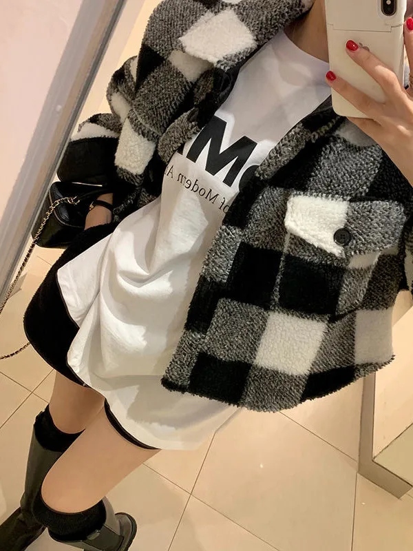 Retro Winter Check Design Long Sleeve Loose Fit Collar Coat Chic Polyester Fiber Thickened Regular Style Online Exclusive