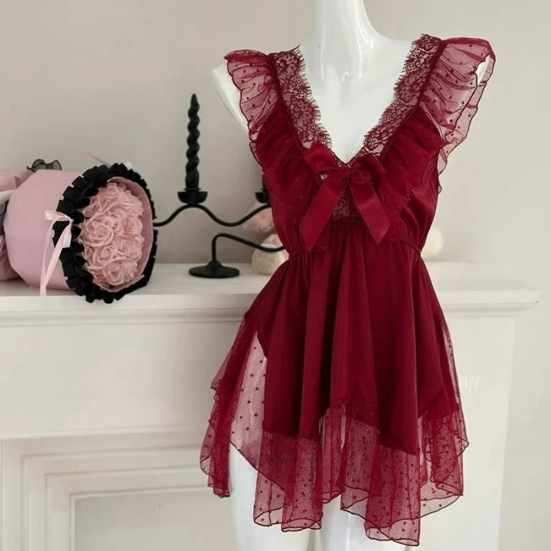 

2026 Summe Fashionable Sexy Deep V Polka Dot Lace Bow Strappy Sleeping Dress Hot Girl Slim-fit Sleeping Dress for Women's Dress