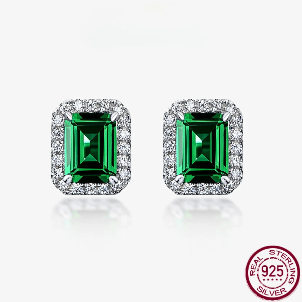 New S925 Silver Retro Fashion Zambia Color Nurturing Emeralds 6 * 8 Versatile Earrings Engagement Jewelry