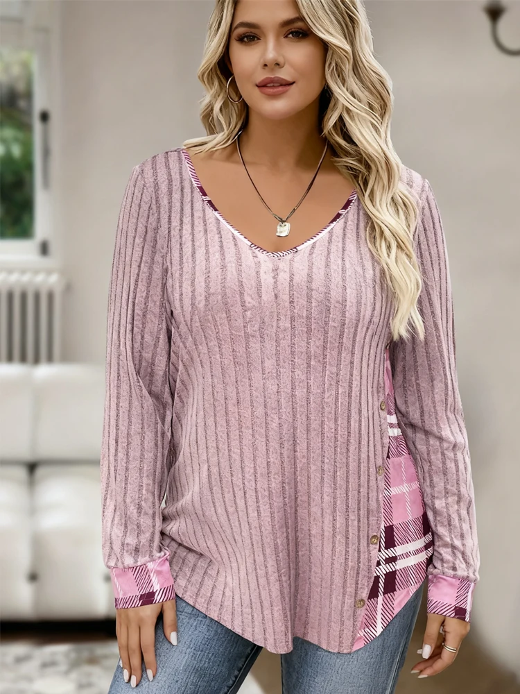 Plus Size 1XL-5XL Dames Casual Mode V-hals T-shirt met lange mouwen Dames Dames Plus Size Rooster Effen Geribbeld T-shirt Kleding