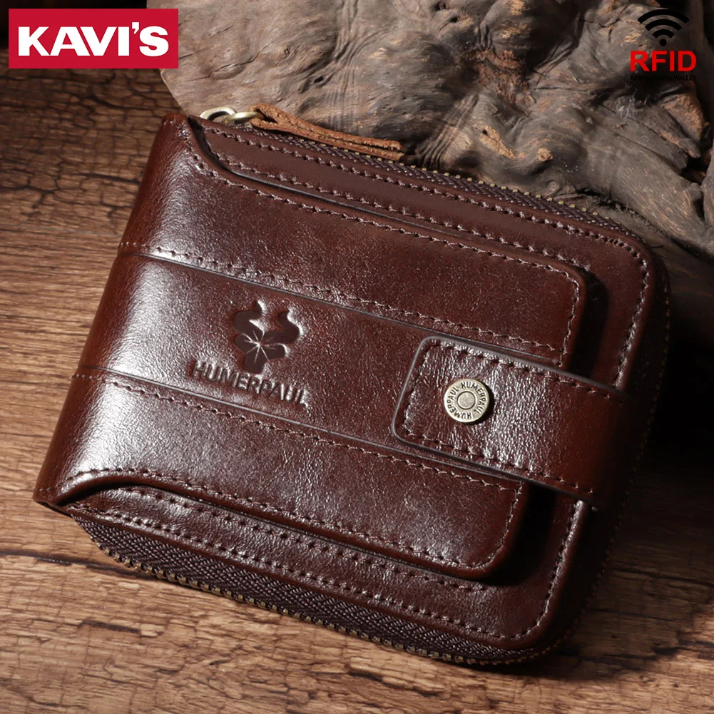 KAVIS Classic Wallet for Men Genuine Leahter RFID Credit Card Holder Purse Short Multifunction Storage Bag with Coin Pocket