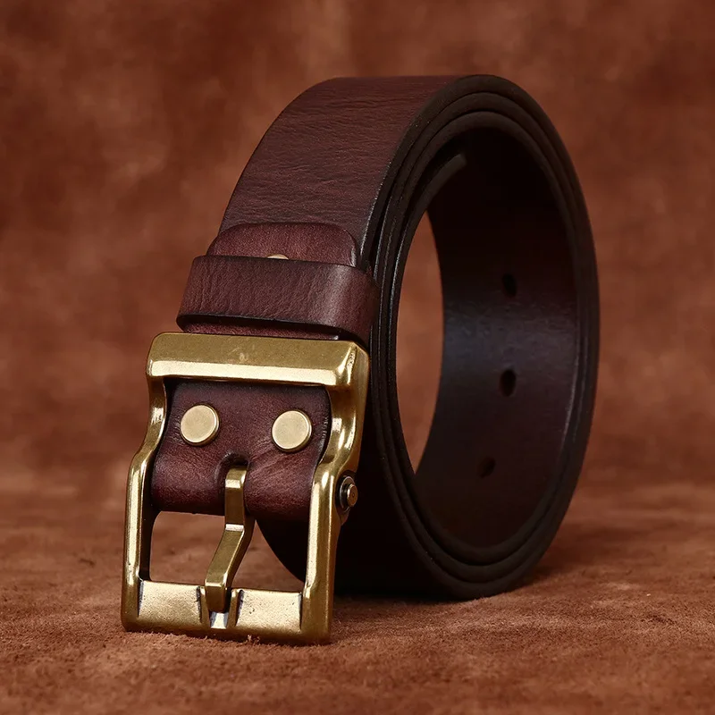 Men's Retro Genuine Leather Belt Frosted Solid Brass Buckle Trendy Business Casual Jeans Belt for Gentleman 3.8CM