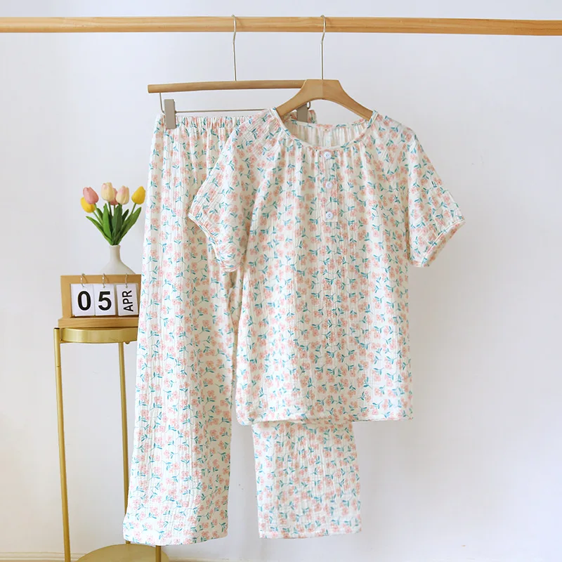 Pure Cotton Gauze Short Sleeve Pajamas For Women Summer Suit Lingerie Print Lady Clothes Nighty Pyjama-Sets Home Wear