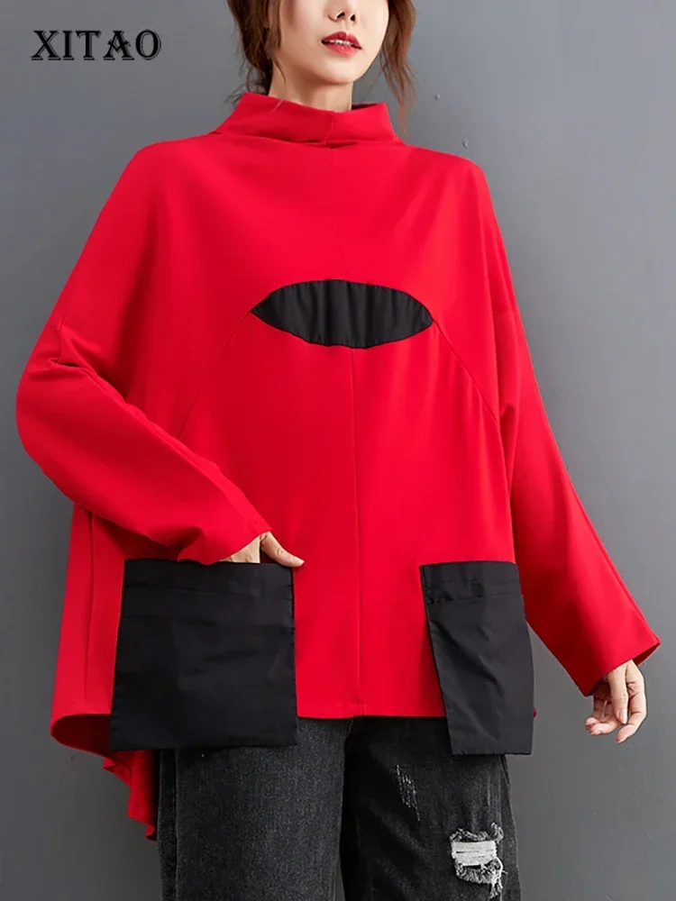 

XITAO Solid Color Patchwork Pocket Sweatshirts Turtleneck Asymmetrical Long Sleeve Pullovers 2023 Autumn New Casual DMJ2895