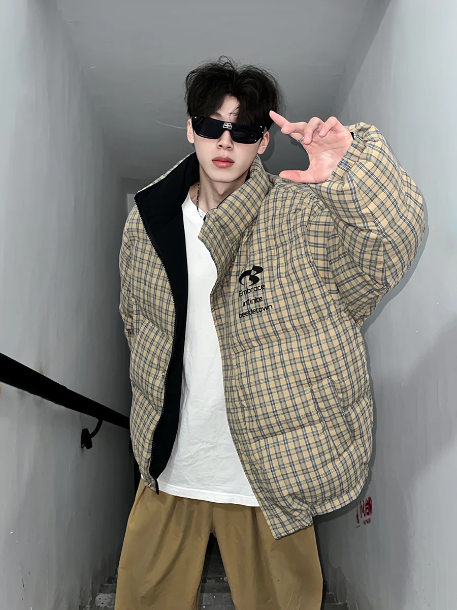 

Двусторонняя утепленная куртка в клетку из хлопка для мужчин, зимняя теплая куртка-пуховик с воротником-стойкой, защита от холода, термопальто из хлопка