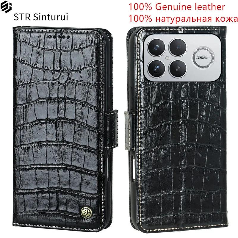 

STR Genuine leather crocodile grain card Slot Wallet Cover For Xiaomi Redmi K70 K80 K90 Pro Max Ultra K70E shockproof phone Case