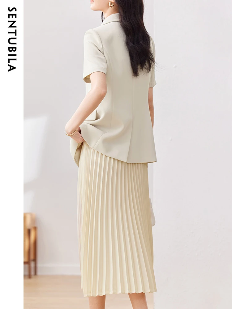 SENTUBILA Office Lady Blazer and Skirt 2 Piece Set for Women 2024 Summer Short Sleeve Jacket Pleated Skirts Suit Woman 132Z49856