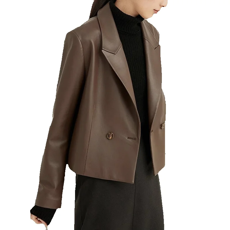Leather Jacket For Women's Spring New Genuine Leather Pure Sheepskin Jacket In Chocolate Color Suit