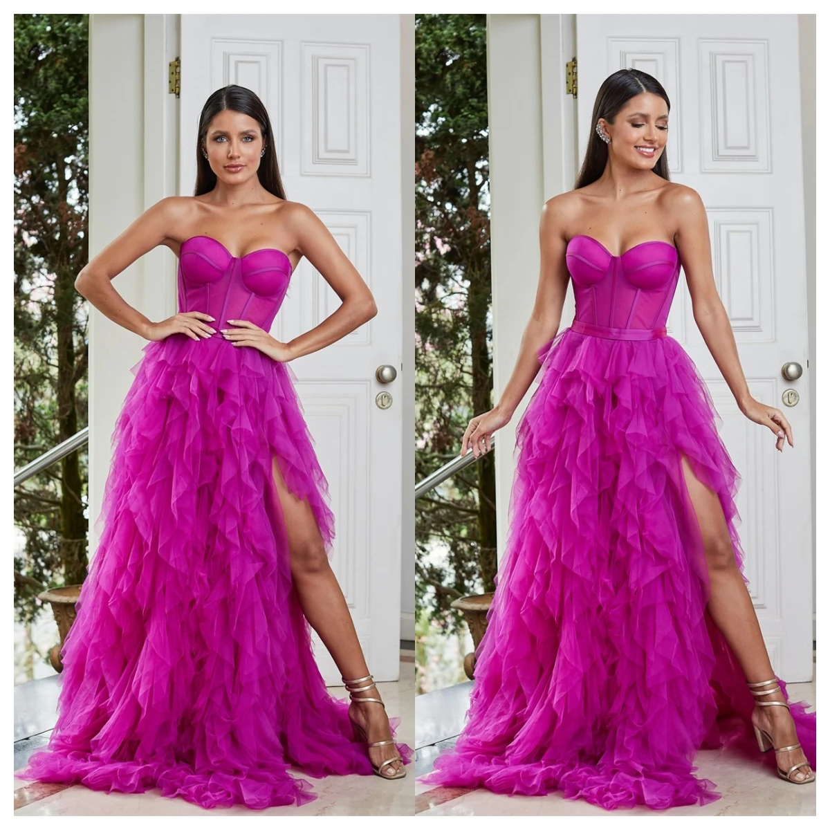 فستان سهرة رائع من التول الفوشيا بدون حمالات بدون أكمام للمناسبات الخاصة فستان مثير لحفلات العودة للوطن بسحاب