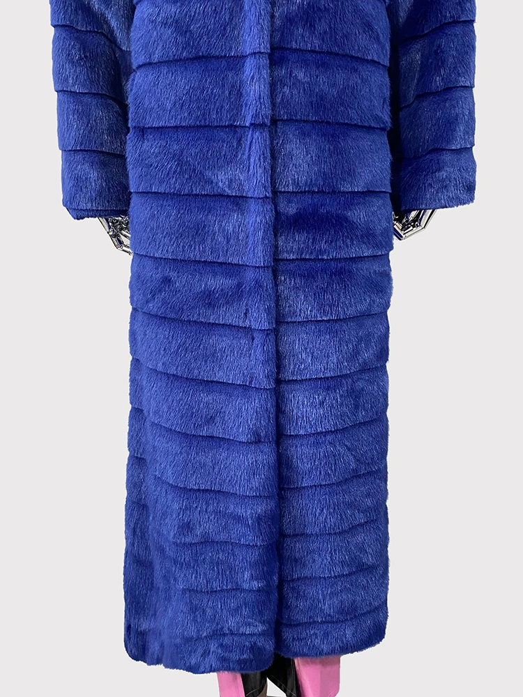 Nerazzurri Autumn Winter Extra Long Thick Warm Soft Fluffy Blue Striped Faux Mink Fur Coat Women Stand Collar Furry Overcoat