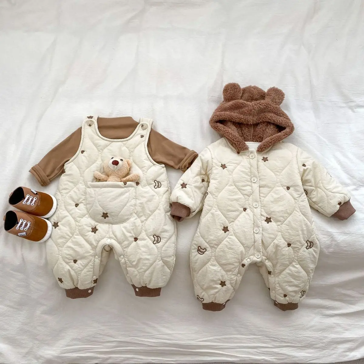 Korean Baby Winter Clothing Thick Newborn Cartoon Jumpsuit Cute Baby Thick and Warm Long Sleeve Hooded Rompers