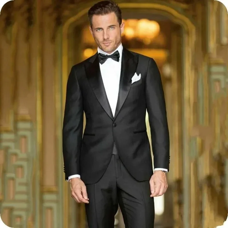 

Handsomen Outfits Set High Quality Men Suits Black Full Set Peak Lapel Single Breasted One Button Business 2 Piece Jacket Pants