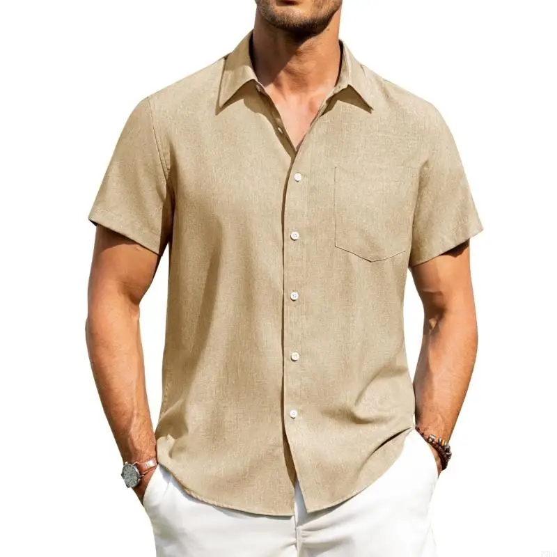 

77HE Мужские рубашки с коротким рукавом на пуговицах, повседневные топы без морщин