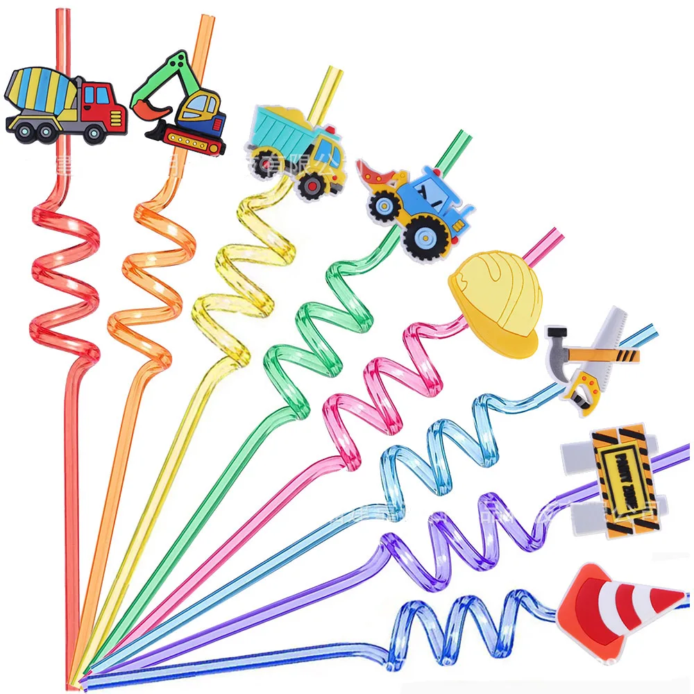 Construction Party Favor Plastic Straws 8pcs Reusable Drinking Straw Excavator Bulldozer Blender Truck for Construction Birthday