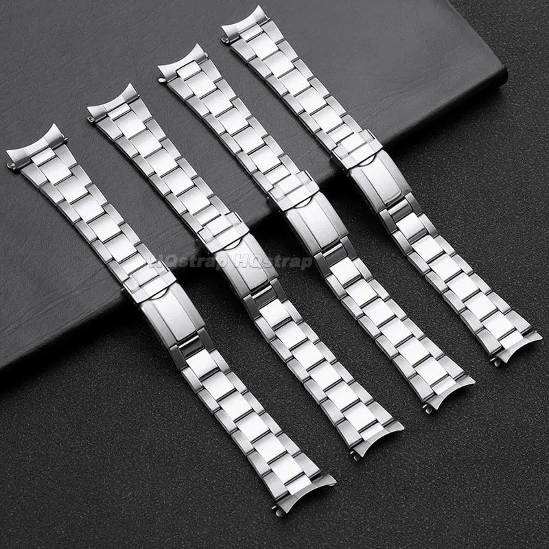 Curved End Stainless Steel Strap 18mm 19mm 20mm 22mm for Rolex Metal Watch Band Three Beads Bracelet Folding Buckle Wristband