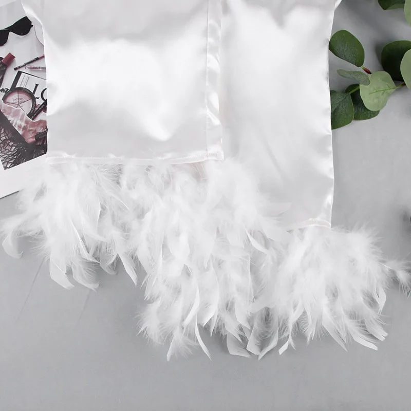 Spring European and American Ice Silk Pajamas Fashion Ostrich Hair Shirt Trousers Loose Two-piece Set Feather Loungewear Women