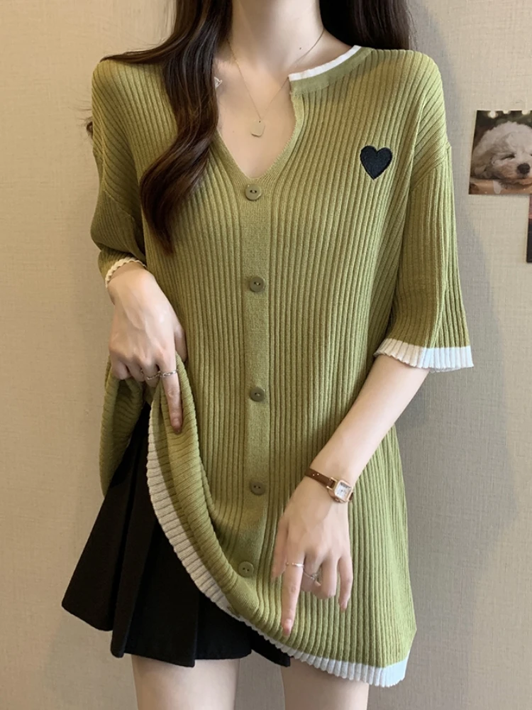 

Love Embroidery V-Neck Short Sleeve Ice Silk Knitted T-Shirt Women Summer plus Size Slimming Midi Length Butt Covering Top