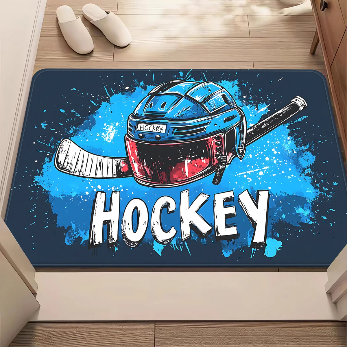 Ice Hockey Non-Slip Floor Mat with Hockey Helmet & Stick Design - Absorbent Machine Washable Polyester Mat for Bathroom, Bedro