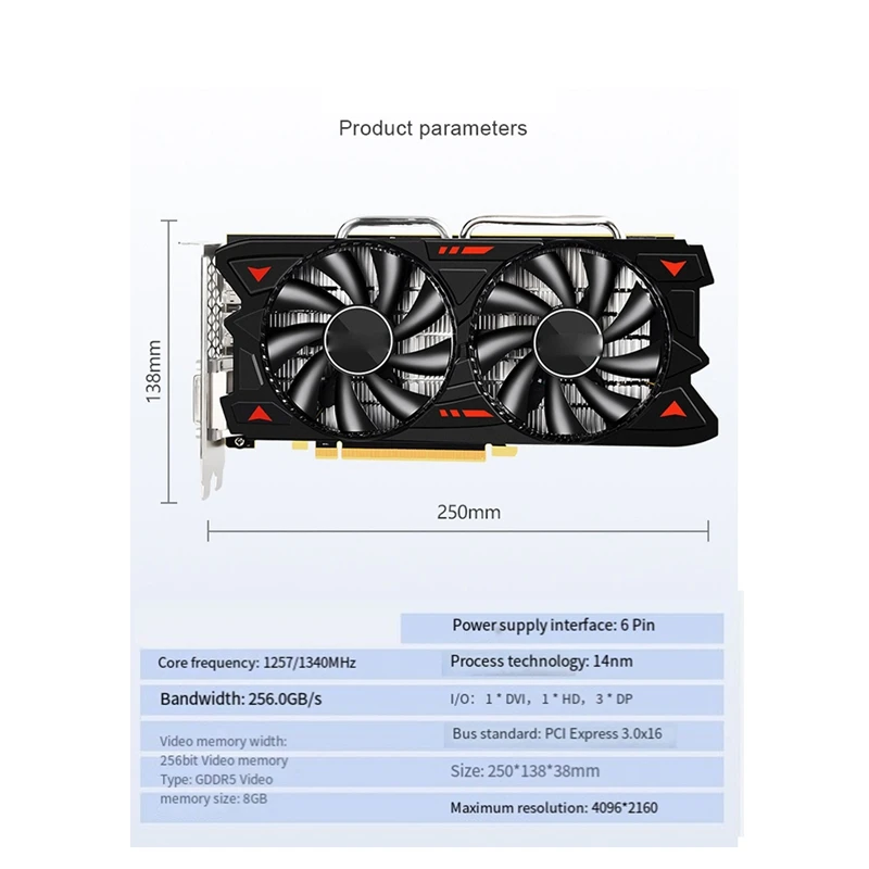 Placa gráfica preta dupla do jogo do fã, radiador do computador do Desktop, 1 grupo, RX580, 8G, 7000Mhz