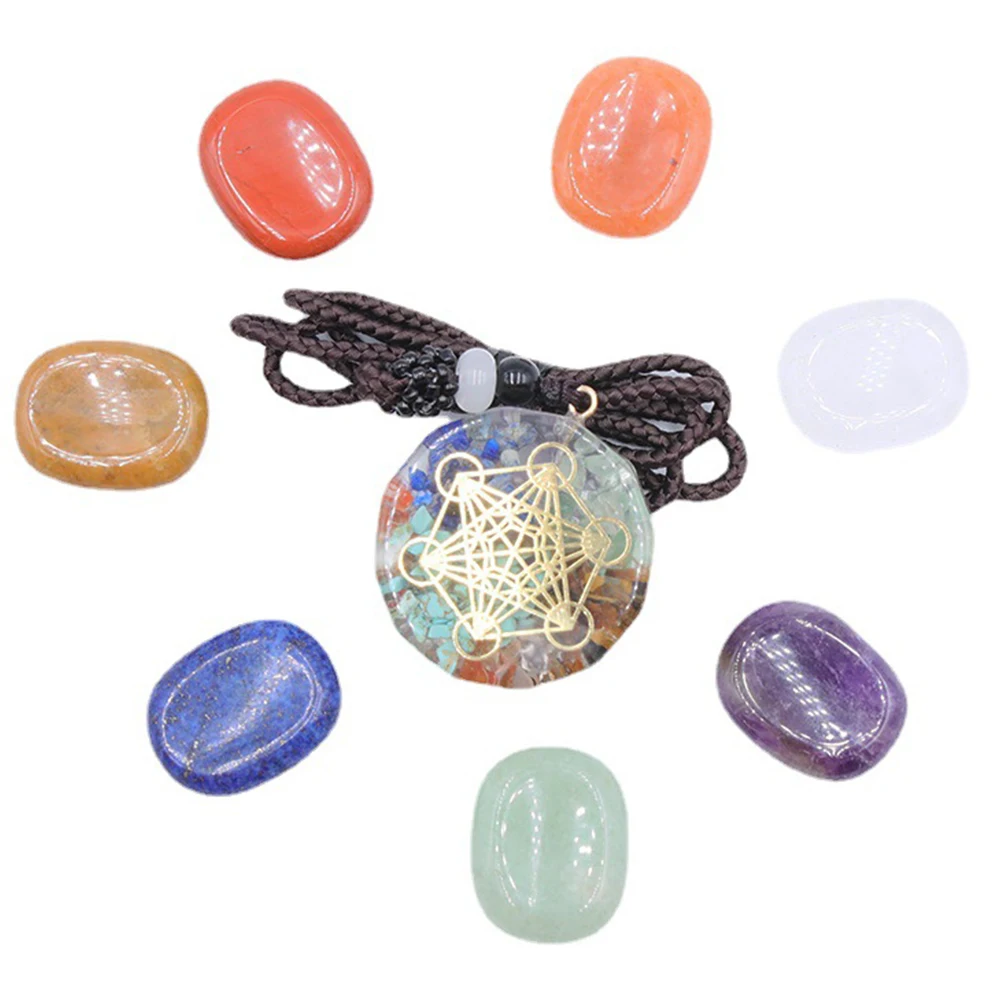 

Orgone Pendant 7 Chakra Natural Thumb Worry Stone Set Healing Crystal Energy Generator Necklace Stress Relief Scraping Board