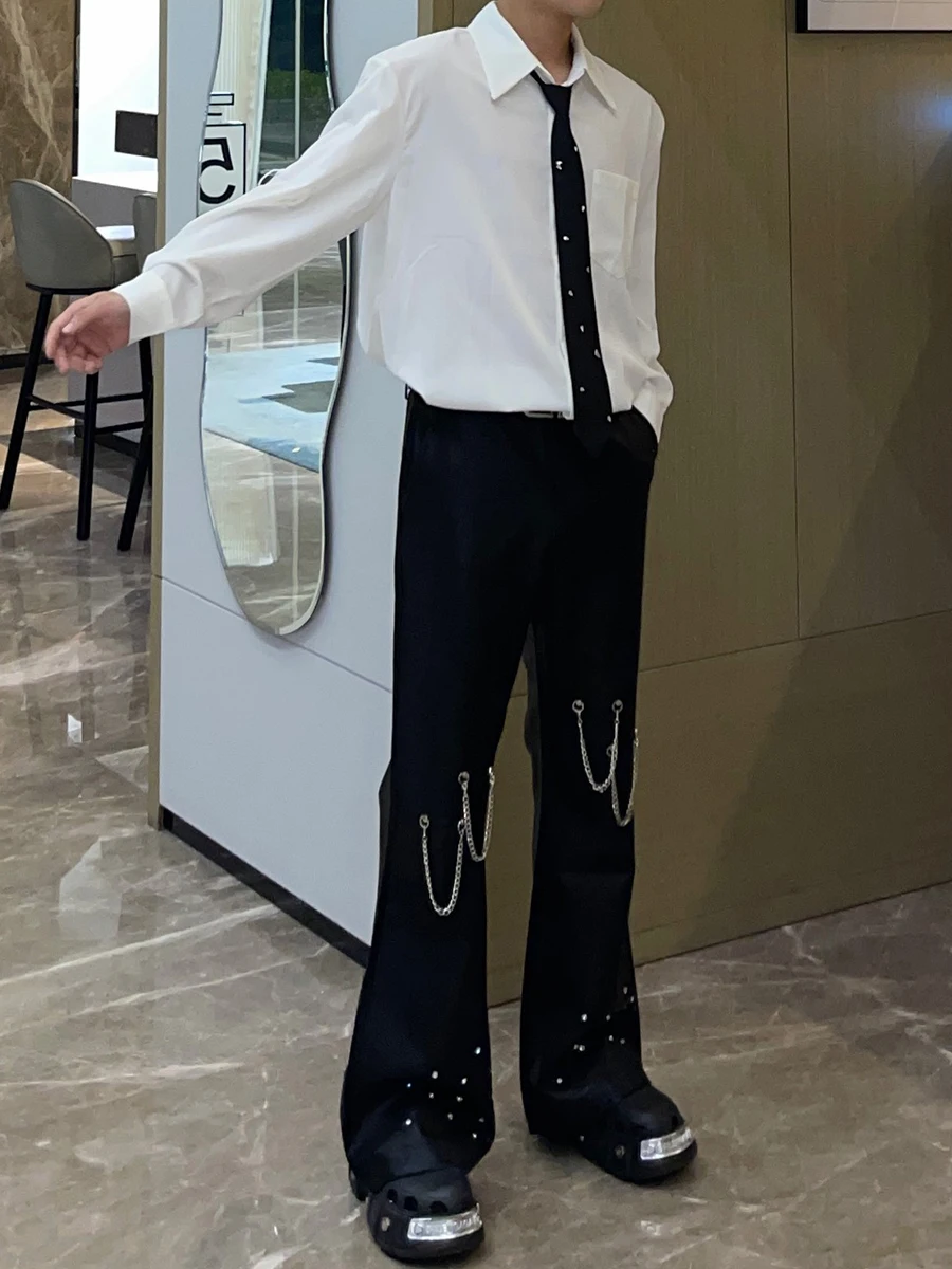 Korean Heavy Industry Rivet Chain Design Sense Black Trousers Men's Fashion Trend Loose  Rivet Chain High Street Casual Trousers