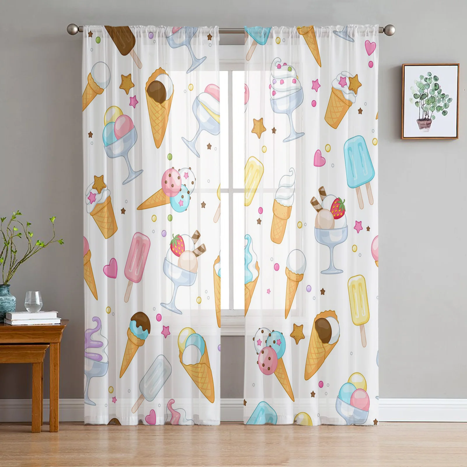 Cartoon Food Ice Cream Cup Sheer Window Curtains for Living Room Bedroom Kitchen Room Chiffon Tulle Curtains Panel