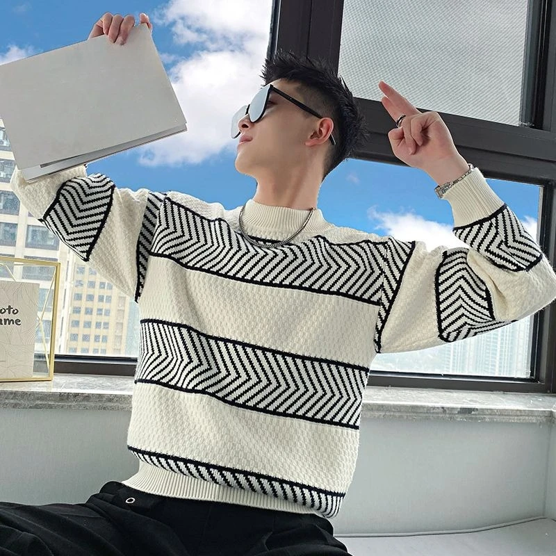 

Полосатые пуловеры, мужской кашемировый трикотаж, новый свитшот с длинным рукавом, дешевый свободный крой, мужской вязаный свитер с полувысоким воротником