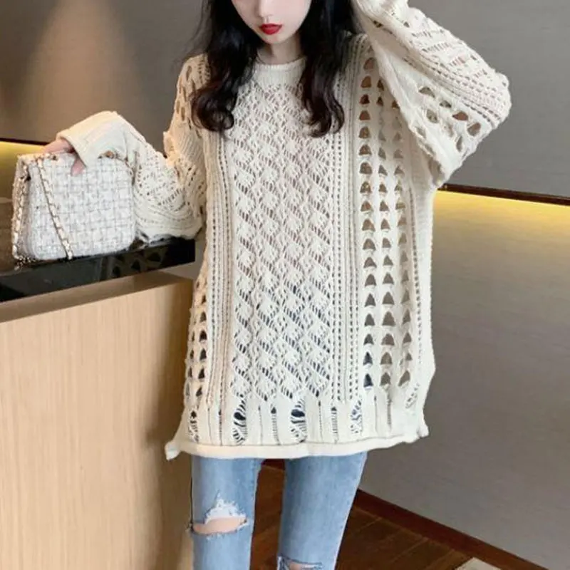 Stylish Hollow Out Loose Sweaters Women\'s Clothing Casual O-Neck Spring Autumn New Long Sleeve Basic Solid Color Knitted Jumpers