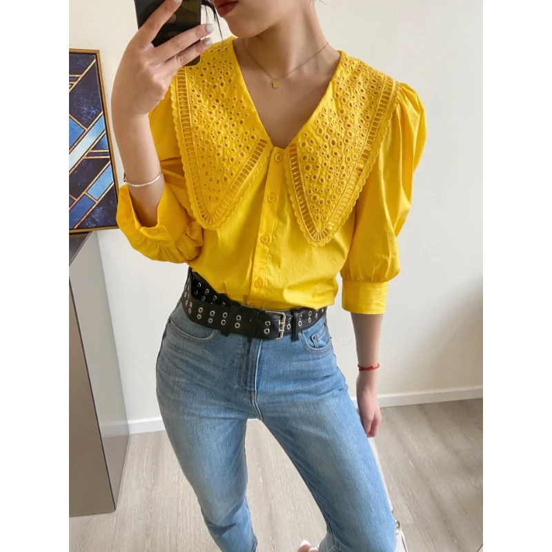 2023 New Women Yellow Blouse Embroidery Hollow out Fashion Design Elegant Tops