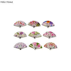 30pcs Printing Flower Fan Wood Button Sewing Scrapbooking Clothing Headwear Handmade Crafts Home Decor Accessories DIY 30x20mm