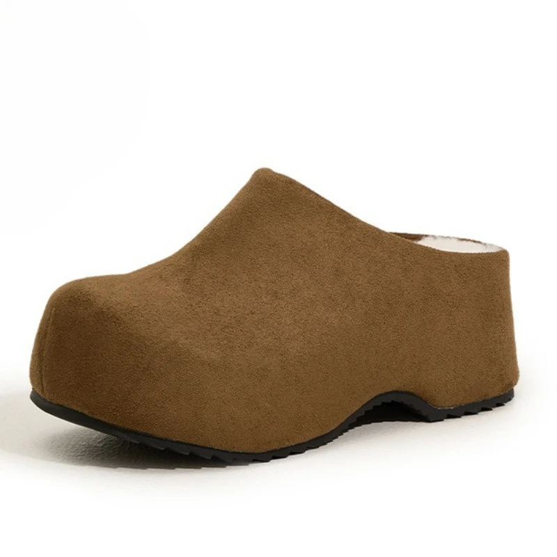 

Fujin/зимняя обувь 6 см, удобные хлопковые тапочки с плюшевым мехом и термоизоляцией, женские сабо на платформе и каблуке из натуральной кожи