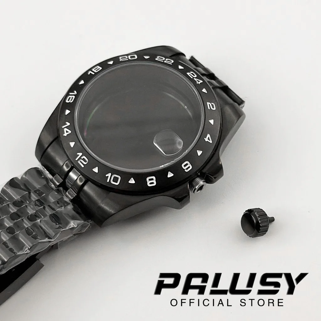 Nh35 40mm exp 24 horas gmt preto moldura fixa caixa de relógio sólido glide lock fecho vidro safira para nh34 nh35 nh36 eta2824 movimento